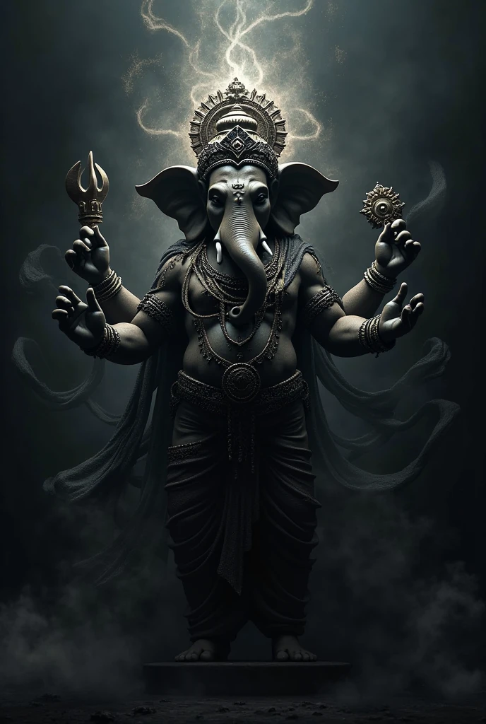 Make me a metal band artwork themed on the god Ganesha with the text SUNRISE BECOME SEE YOU with a combination of plain black background