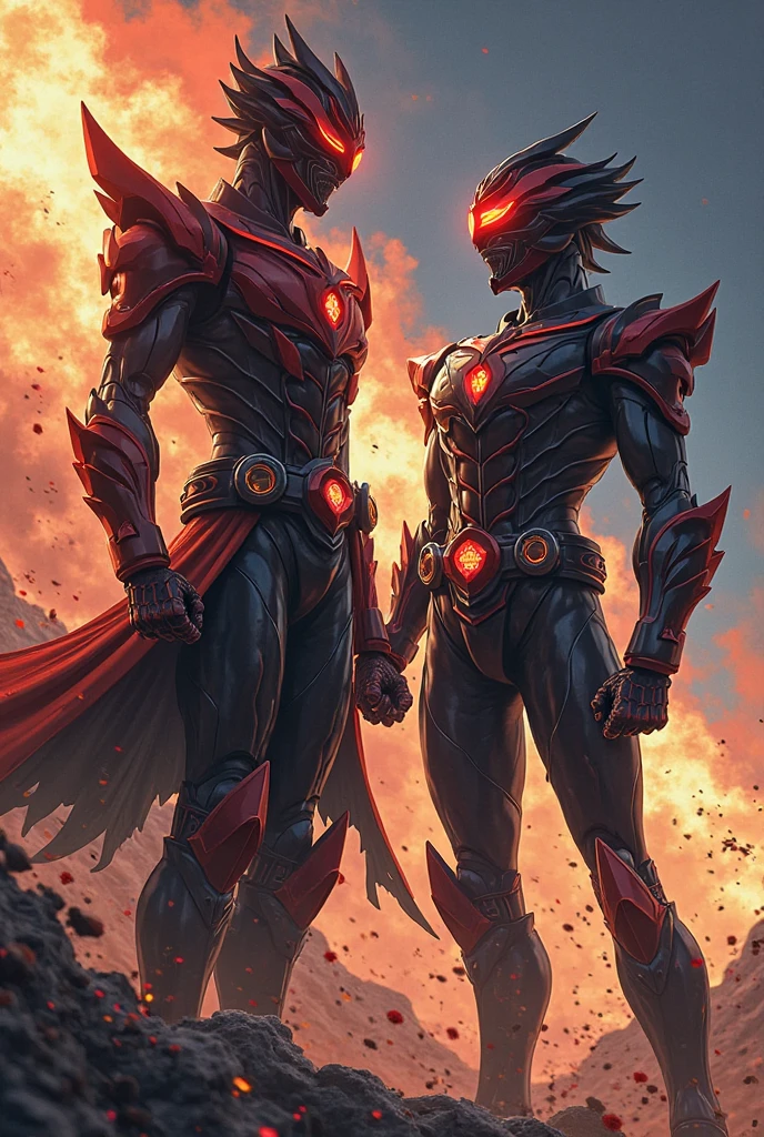 Megaman X6 Zero using his dark armor and with his energy sword, fighting against x in the ultimate armor In the background they are in a desert, with a dark sky and thunder