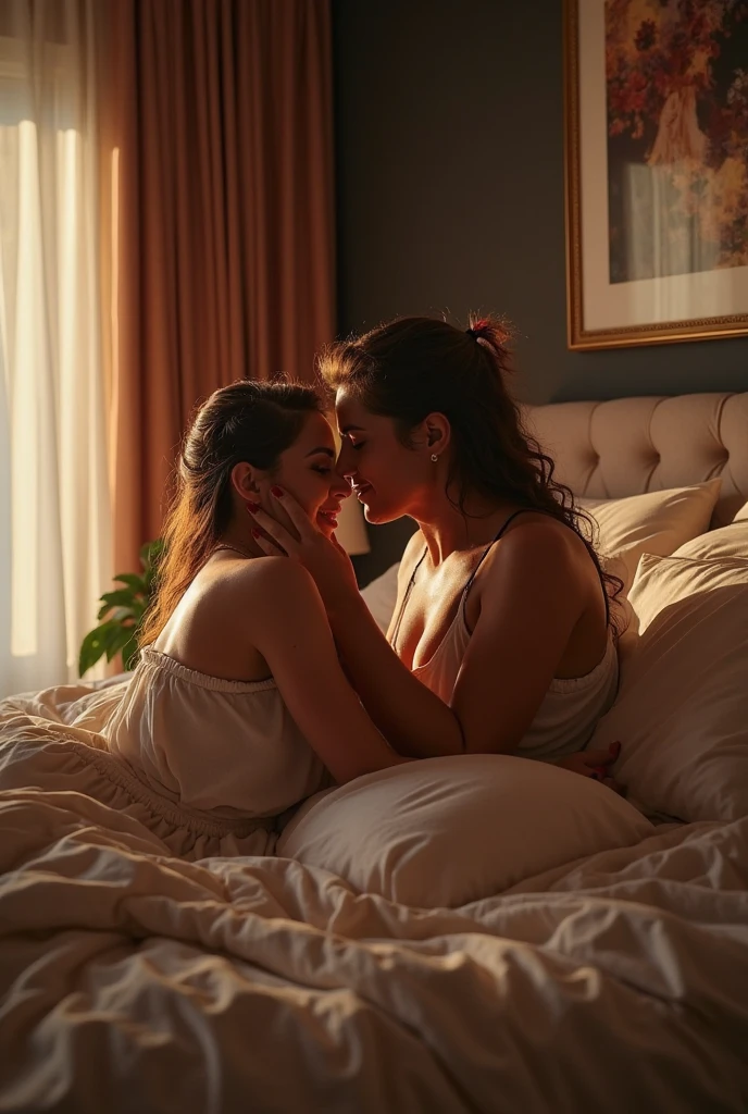 Dwie Dziewczyny w łóżku na bosaka bez bielizny, Legs spread