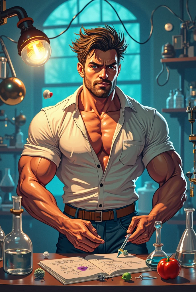 illustration that evoke stoicism men from 25 years old, shirtless, barefoot, strong, slim body Importance of Reason Style: Scientific realism, with a focus on detail and precision. Color palette: Cool, neutral tones (navy blue, gray, white) to convey clarity and objectivity. Expression: A concentrated and determined gaze, brow slightly furrowed in thought. Setting: A well-equipped laboratory filled with scientific instruments and chemicals.