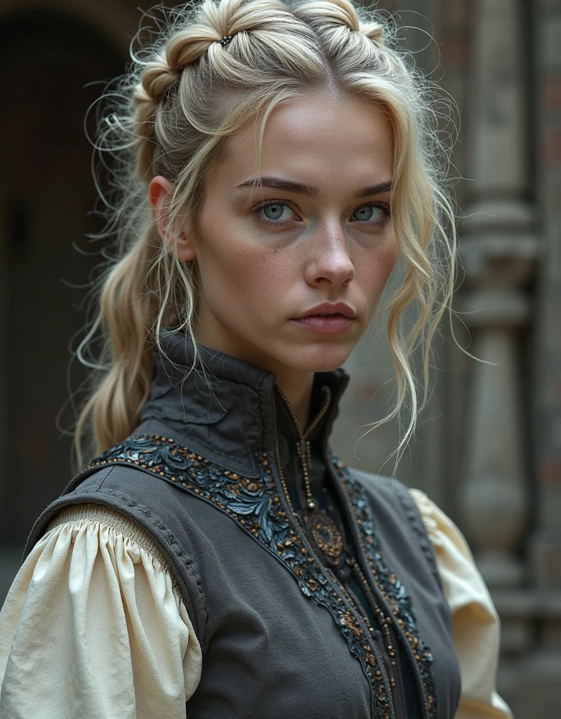 Extremely detailed RAW photo, portrait of a young robber woman wearing damaged leather armor (crocheted crocheter's knitted leggings), (smirk), beautiful detailed eyes, sharp chin, detailed face (dirty blond hair), painted by Greg Rutkowski (Yoji Shinkawa: 0.2), bokeh, medieval city