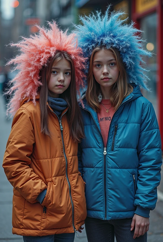 GIRLS Russian children with 10 years, loiro cabelos compridos, PORTRAIT, JAQUETA PRETA E ROUPA PRETA, FUNDO AMARELO.