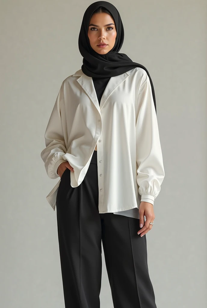 Zahra Ayu 23 years old 160cm 55kg wearing white button shirt, blue jeans, medium hair, Wearing glasses. Bright face. Office suit. Wear white hijab. Moslem wear. No hair. Closed outfit.