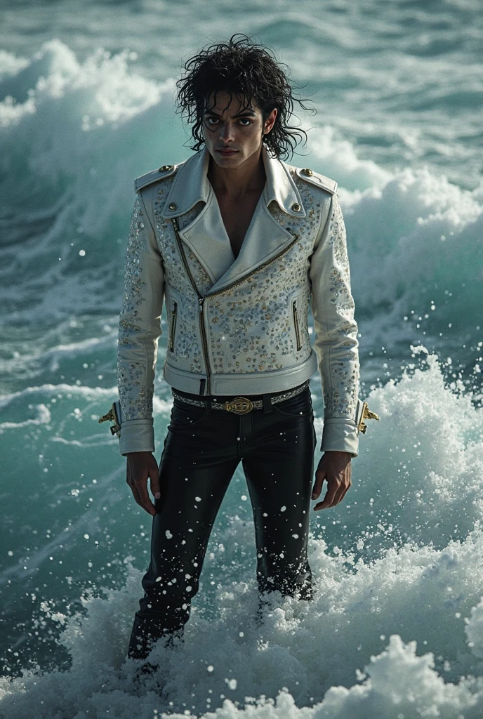 (swimwear for men), ), (con barba ,) (ojos color cafe claro), Aspecto atractivo y serio, cabello negro oscuro, swimming clothes, Un hombre similar al actor Jim Morrison, (Imagen realista y de alta calidad), fondo en la playa, se ve el mar, ((La mejor calidad, 8K, obra maestra).((dynamic pose))