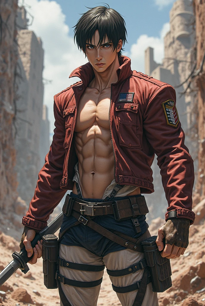 ((1boy)), young boy, (nice hands, perfect hands), (male focus), (perfect anatomy), ((kirishima eijirou)), bare chest, sparkling eyes, abs and pectoral muscles, (ready to attack a villain, looking at viewer), (ruined burning city in the background)