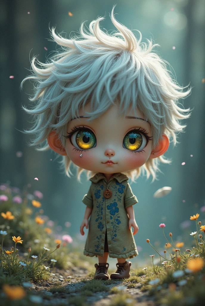 A boy on cloud with pink colour hair, blue eyes 