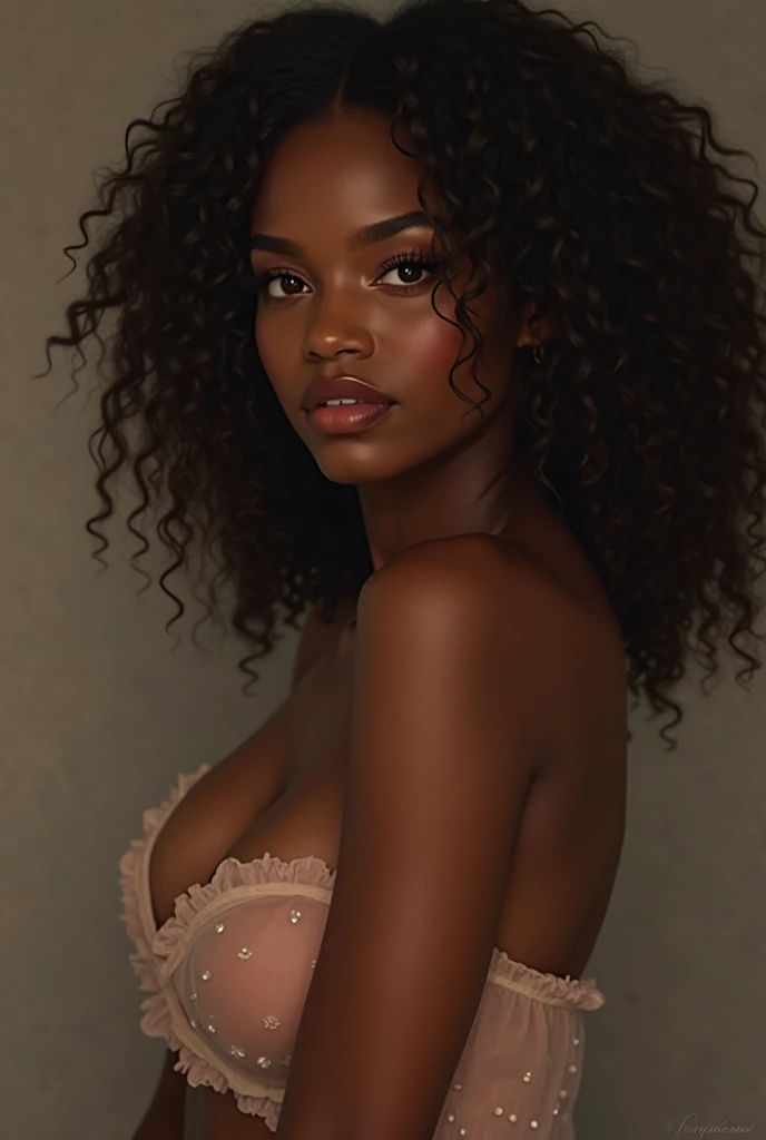 beautiful black woman, lots of details on the face and body, brown eyes, pink lower lips, perfect shape, without clothing.