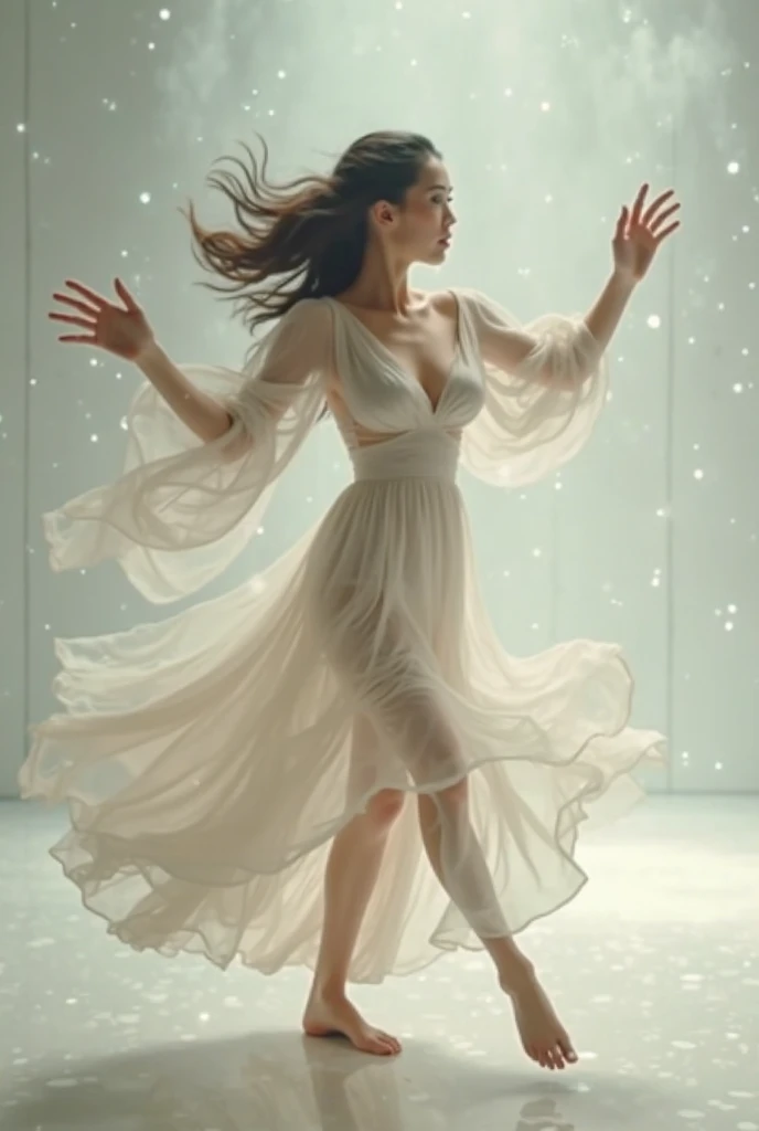 one girl tied up by another one with rope,(bright lighting,romantic setting),dreamy background,bondage,dark hair, mesmerizing gaze, , soft skin, alluring beauty, artistic portrait, high-quality image, vibrant colors, long silk gown, dressing room, (cocoon:1.4)