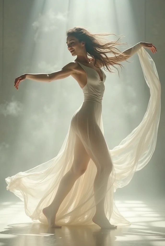 Motion blur portrait, full body portrait, low speed photography of A beautiful woman dancing theater stage, she works to free herself from the underwire and the only cloth left adorning her natural state, in the style of low-key shot, photorealistic, hyperrealistic,