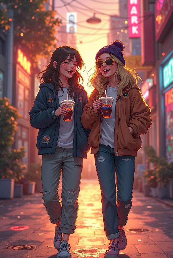 Two tomboy girls, the first one with a Yankees cap, black hair tied up with a cigarette in her mouth, sitting on the beach with a case of beer, an Adidas jacket and Adidas shoes, and a bottle of beer, and the other one, a blonde girl with a white sweatshirt, Rebook shoes, toasting with the beers and a cigarette in her mouth, starry night background.