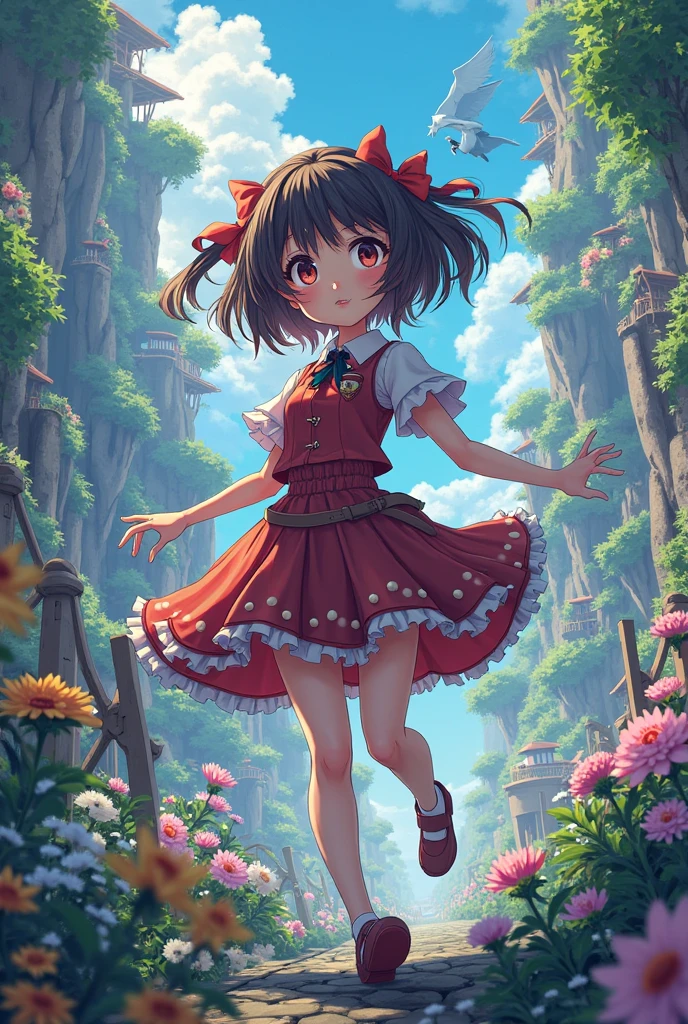 cartoon girl teen in a red dress and yellow shirt holding a flower, childrens art in artstation, cute detailed digital art, adorable digital painting, cute art style, cute detailed artwork, girl in flowers, cute digital art, girl in a flower field, full body portrait of a short!, girl dancing in a flower field, a beautiful artwork illustration --auto --s2