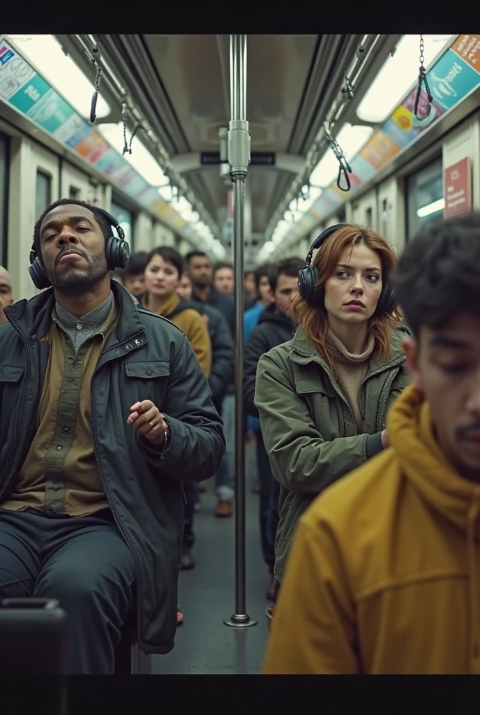 (photorealism:1.2), A handsome man is sitting in a city bus full of passengers., blank stare, shoulder length wavy hair, headphone,