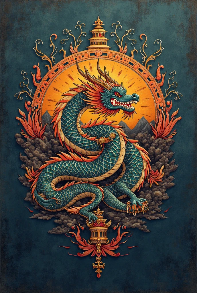 in style of by lvan Aivazovsky,Symbolic symbols of plants, minimalist style, Chinese dragon totem art illustration, laser diffuse gradient metal color scheme, New surreal poster design, bold prints, Metal relief, dual tone, solid background, Cloud Pattern chinese, Lotus Pattern, Fang Sheng pattern, 8k, UHD, best quality, highres
