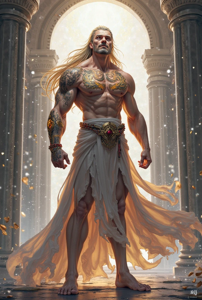 painted portrait of a stout Thor, god of thunder, young greek god, blond windy hair, male, insanely handsome, upper body, muscular, hairy torso, fantasy, intricate, elegant, highly detailed, digital painting, art station, concept art, soft, sharp focus, illustration, athletic physique, slender, no body hair, wearing nothing, completely naked , Realistic, fully naked, nude, perfect , male , correct male scrotum, perfect scrotum, male structure, correct male genitelia, huge and veiny male genitelia, hard male genitalia, erect male genitalia, you can see his muscular thighs, gold fabric and jewelry art by Gaston Bussiere and Alphonse Mucha, full body shot