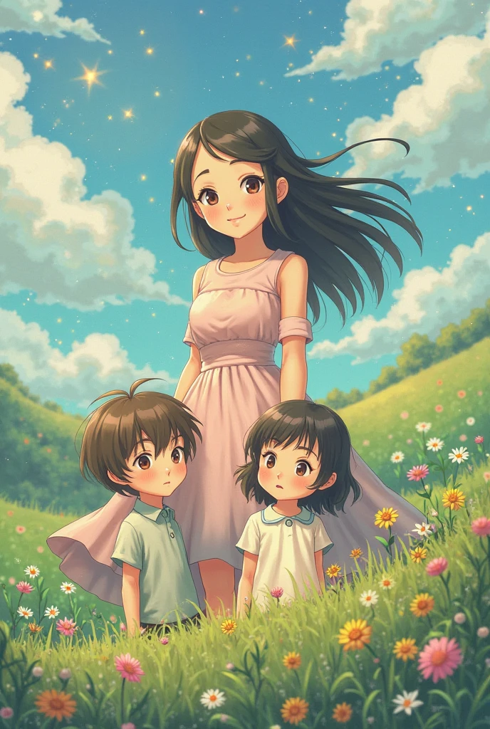 Highest quality,Highest Resolution,A woman walking along a green path with falling petals, holding a baby,Rainbow on background,