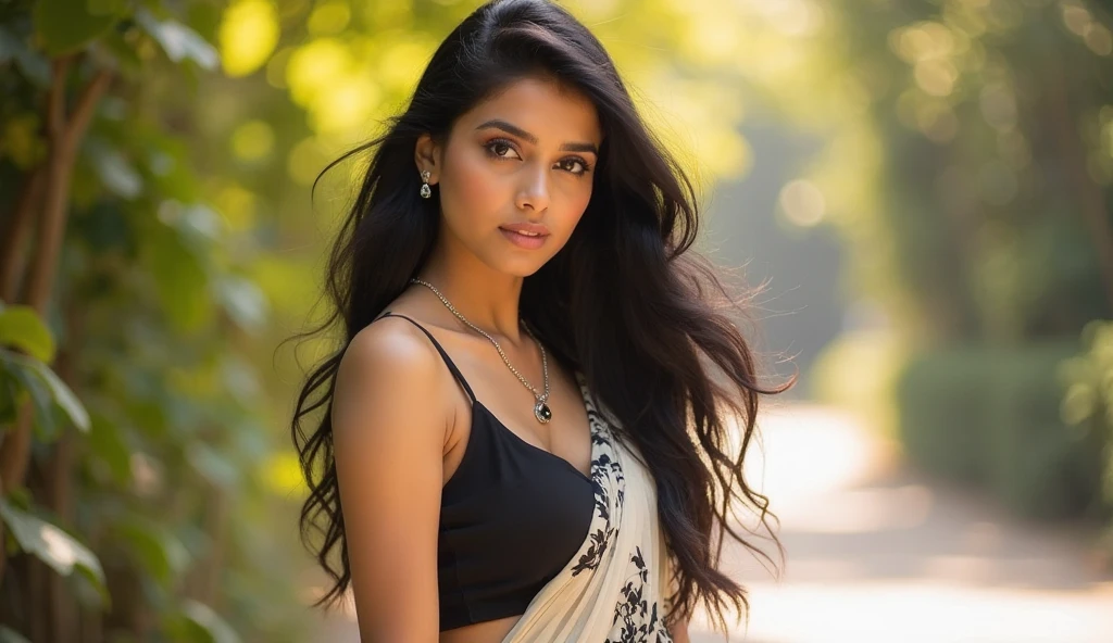 (best quality,4k,8k,highres,masterpiece:1.2),ultra-detailed,(realistic,photorealistic,photo-realistic:1.37),medium:digital painting,Indian girl,beautiful detailed eyes,beautiful detailed lips,long eyelashes,gorgeous,exotic,black bra and panty,outdoor setting,garden backdrop,colourful flowers,bright sunlight,graceful pose,vibrant colours,bokeh,subtle shadows,soft lighting,ethnic jewelry,traditional henna tattoo,flowing black hair,confident expression,full body