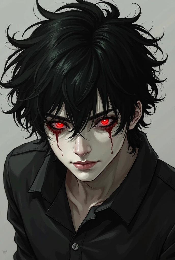 A man with black hair with red tips, he has one eye closed and the other eye is red and he has scars on his face.