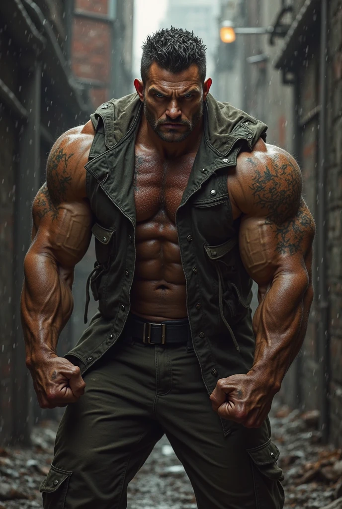 strong muscular man, street angry, backpack, epic realistic, photo, faded, complex stuff around, intricate background, soaking wet, neutral colors, ((((hdr)))), ((((muted colors)))), intricate scene, artstation, intricate details, vignette