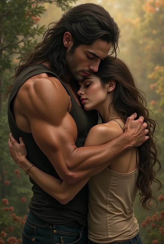 Tarzan and Jane standing together in a jungle, Tarzan hugging Jane,  Tarzan with long  , Jane holding Tarzan's , Mikasa Auckerman as Jane, smiling, completely nakedly nude,long  covering her breasts, Henry as Tarzan, dense forest in the background, upper body, front view, well lighted, high resolution