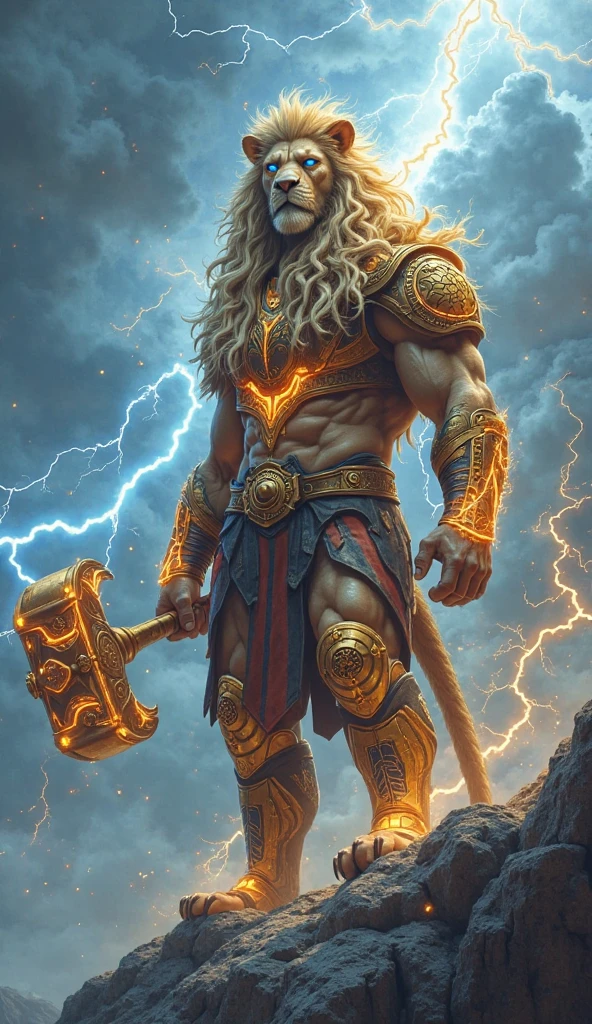 (Masterpiece), (Extreme), (Super detailed), (Full Body), a Viking in golden armor, holding a shield in his left hand and a hammer in his right hand coming out of lightning, full body image, futuristic detailed background, strong man, radiating a golden light from the armor, muscular, showing the abdominal muscles, abdominal muscles to show, in attack position, angry expression,  Show the shield in the foreground in detail