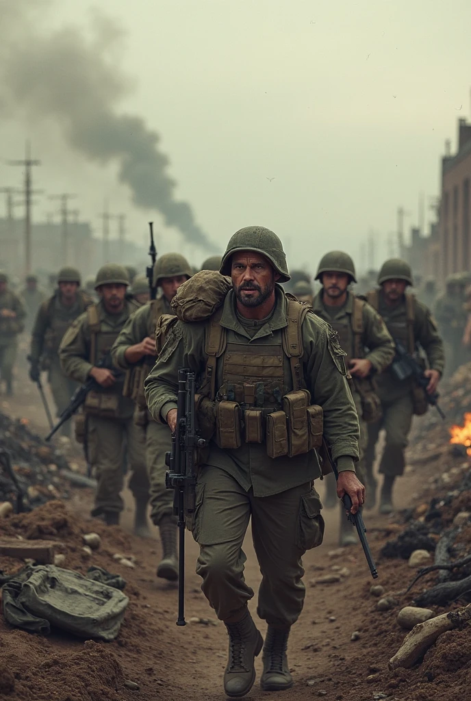 Masterpiece, a male soldier, almost dying, walking using his weapon, body covered in wounds, clothes torn, walking among a group of corpses of enemy soldiers, holding a red and white flag