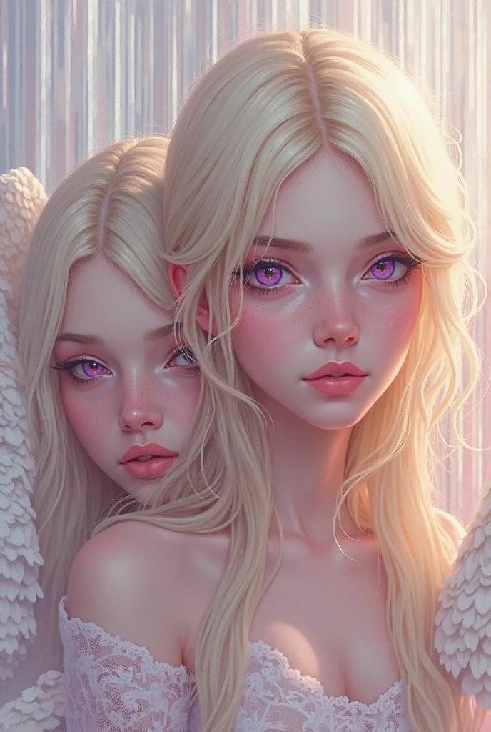 (masterpiece, best quality:1.4), Young blonde beauty, (((2 girls in love, 18 years old, neat girl))), detailed blue eyes, long eyelashes, blush, kind smile, horny, upper body, topless, small ass, (shaved pussy), (looking at viewer), (close up), beautiful blonde hair, white-skinned, (bangs:1.3), ponytail, squeezing, on top of each other, groping, (small breasts), (mushroom forest, celestial forest, beautiful and magnificent pink sunshine, majestic sky), natural light, pastel colors