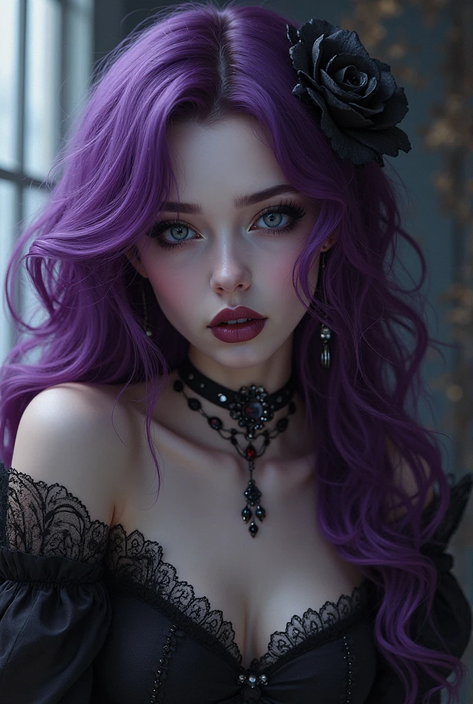 sexy girl, long purple hair, medium breasts, gothic corset,(best quality, 4k, 8k, high resolution, masterpiece: 1.2), ultra-detailed, (realistic, photorealistic, photorealistic: 1.37), details intricate, vivid colors, sharp focus, professional, surrealism oil touch, portrait, woman, beautiful detailed eyes, beautiful detailed lips, dreamy atmosphere, shadow play, lighting soft, fun pose, dark tones, ethereal background, fantasy elements, texture, layered composition.