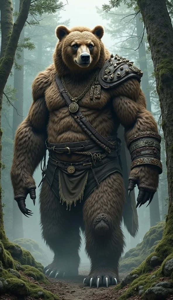 a close up of a bear with chains on his chest, muscular werewolf, fur-clad barbarian goliath, from warcraft, in style of wold of warcraft, giant bear human hybrid, 4k fantasy art, from world of warcraft, berserker potrait, as an ugly titan, epic fantasy art style, as a titan, epic fantasy art style hd, 8k fantasy art