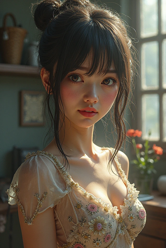 solo, stand in the kitchen, a girl, milk falls on the chest area of the shirt, Black hair (delicate illustration:1.4), (renaissance art:1.4), (masterpiece:1.0), (best quality:1.4), (ultra highres:1.2), (photorealistic:1.4), (8k, RAW photo:1.2), (soft focus:1.4), (18yo:1.3), (sharp focus:1.4), detailed beautiful face