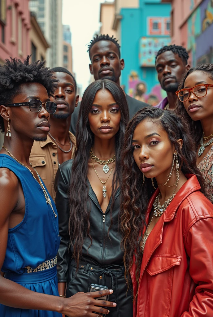 INSTAGRAM MODEL , with long black hair , with her friends , A very handsome and fair Arab guy , long black hair manbun, muscular with abs , Threaded long thick pink braids, full body view, ( white girls)