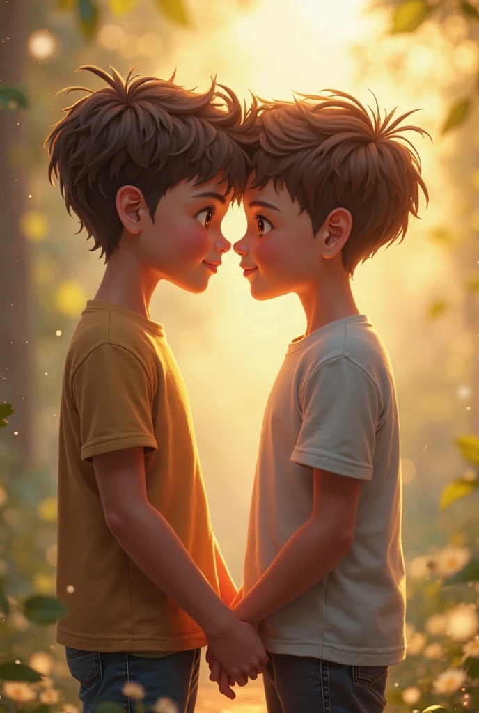 The scene highlights the boys' bravery and kindness with a magical glow in the background."