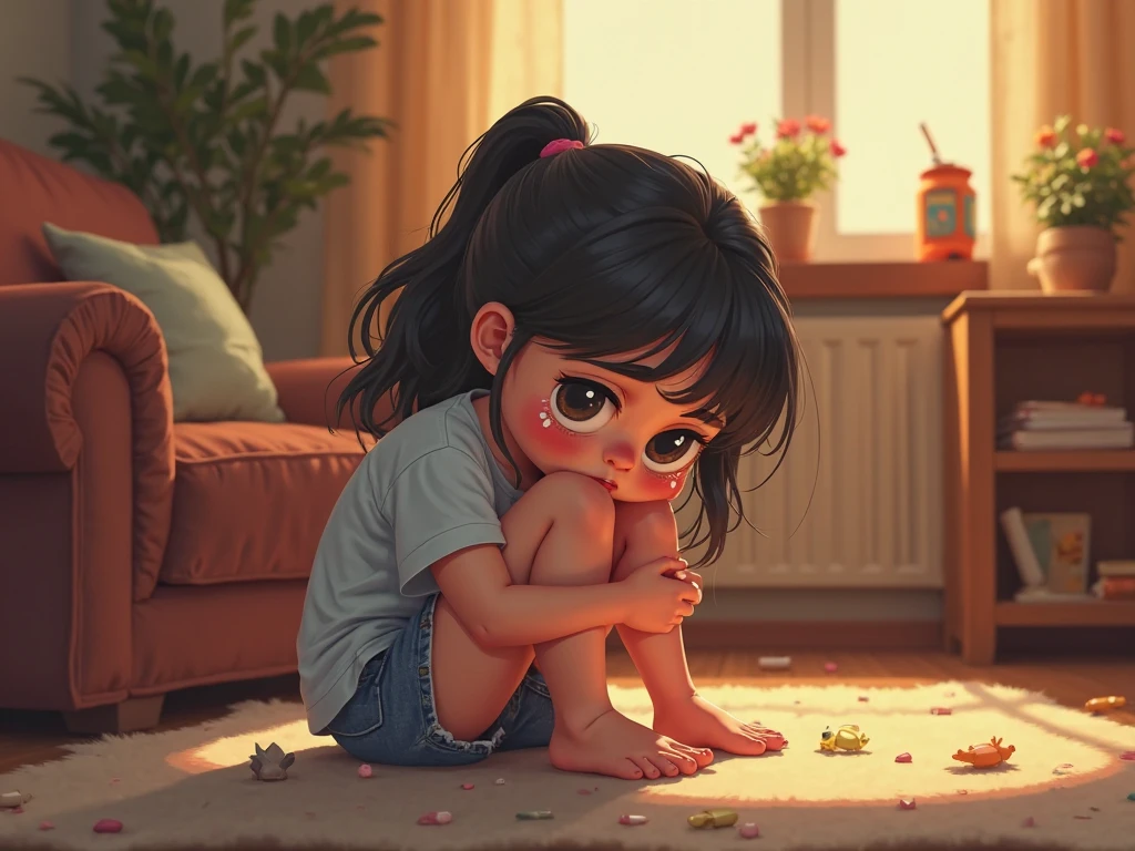 1 girl sitting while crying cartoon at the room
