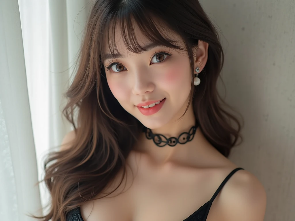 (UHD, retina, masterpiece, accurate, anatomically correct, textured skin, super detail, high details, high quality, best quality, high res, 1080P, HD, 4K, 8k, 16k), (beautiful detailed eyes, beautiful detailed lips, extremely detailed eyes and face), soft lighting, physically-based rendering, vivid colors, (large breasts, glamorous body), (stockings and suspender), (portrait, shiny hair, shiny skin, blush), (bokeh), eye reflection, (smile and laugh:1.5),