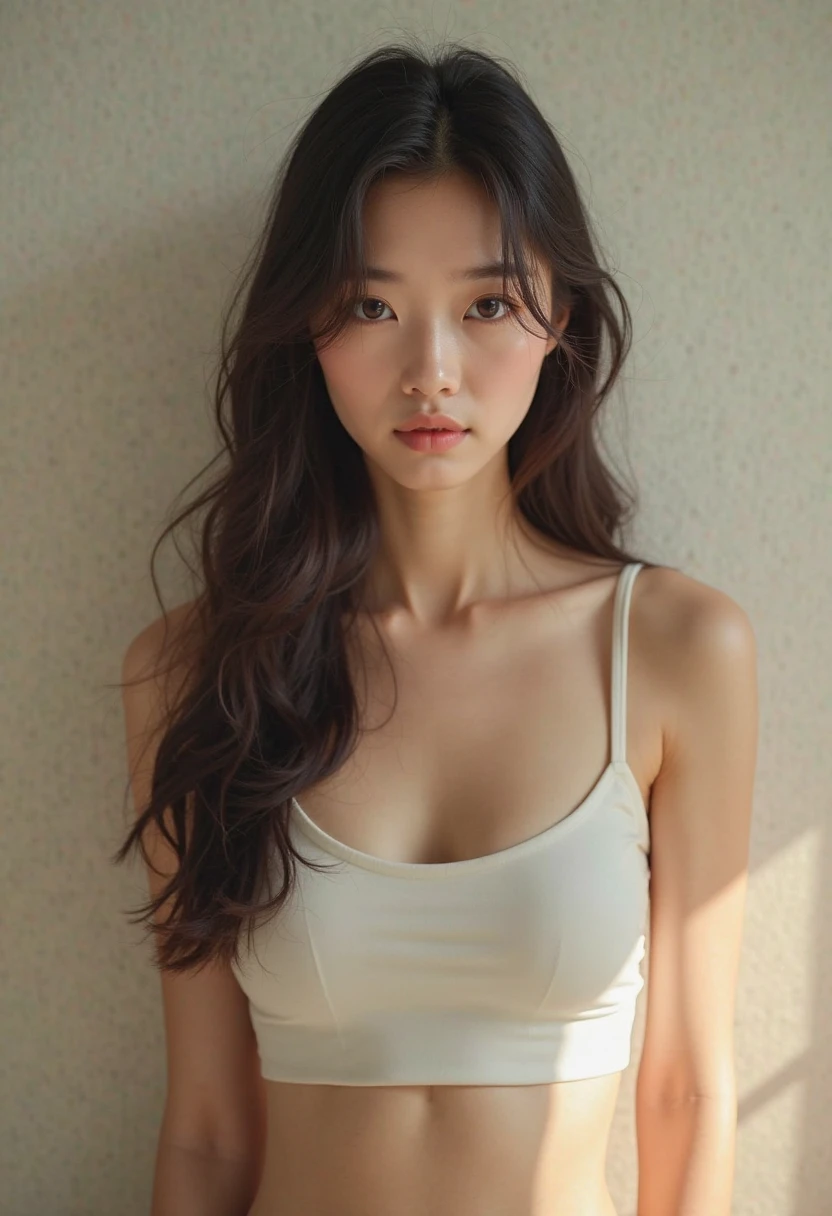 See-through tops、big breasts、Plump thighs、Camisole、Sleep Bottoms、(背景にwhite wall、Part of her hair is baby pink:1.4)、white wall、Taken in front of the white door、(窓のあるwhite wallの部屋)、((highest quality、8K、masterpiece:1.3))、ultra high resolution、(photorealistic:1.4)、raw photos、Japanese,(details face)、real、Shot in natural light、Highly detailed face and skin texture、highly detailed lips、correct state of the human body、medium hair、black hair、various poses、natural color lip