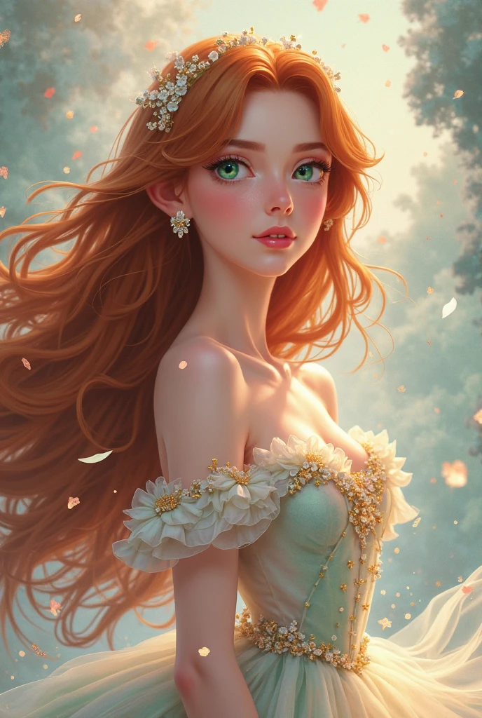 Portrait of a sexy topless 22 year old girl, dark red hair, big yellow-green eyes, plump bow lips, dripping nipples, ballerina frills, Rose field, petals, godrays, sundrenched, deep shadow pattern, realism, watercolor, 4K, High detail
