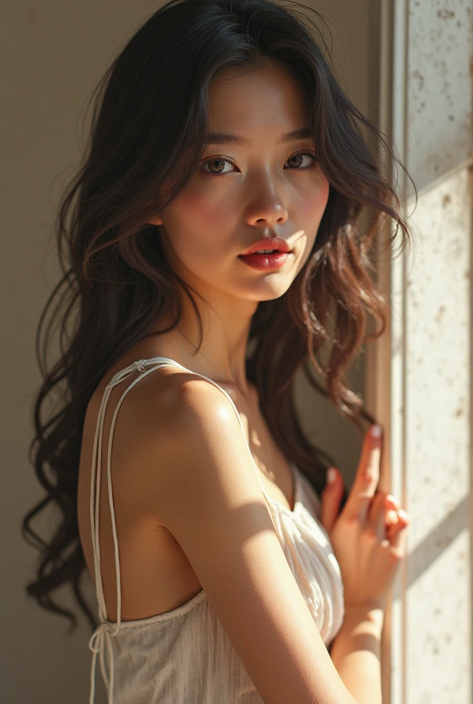 Editorial photography,Super detailed background,super realistic,double exposure,depth of field,beauty super slim skinny fluids,soft focus tone,Narrative scene,acrylic paint,,full body shot,from below,Wabi-sabi,very long straight brunette hair, portrait facing the camera close up, Hair gathered