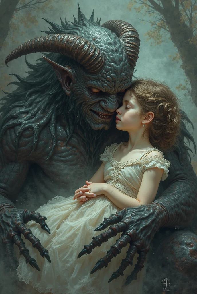 painting of a demon is holding a small 5 year old girl in his arms, dark atmosphere, cinematic scene, volumetric lights, ultra realistic, in the style of nicola samori