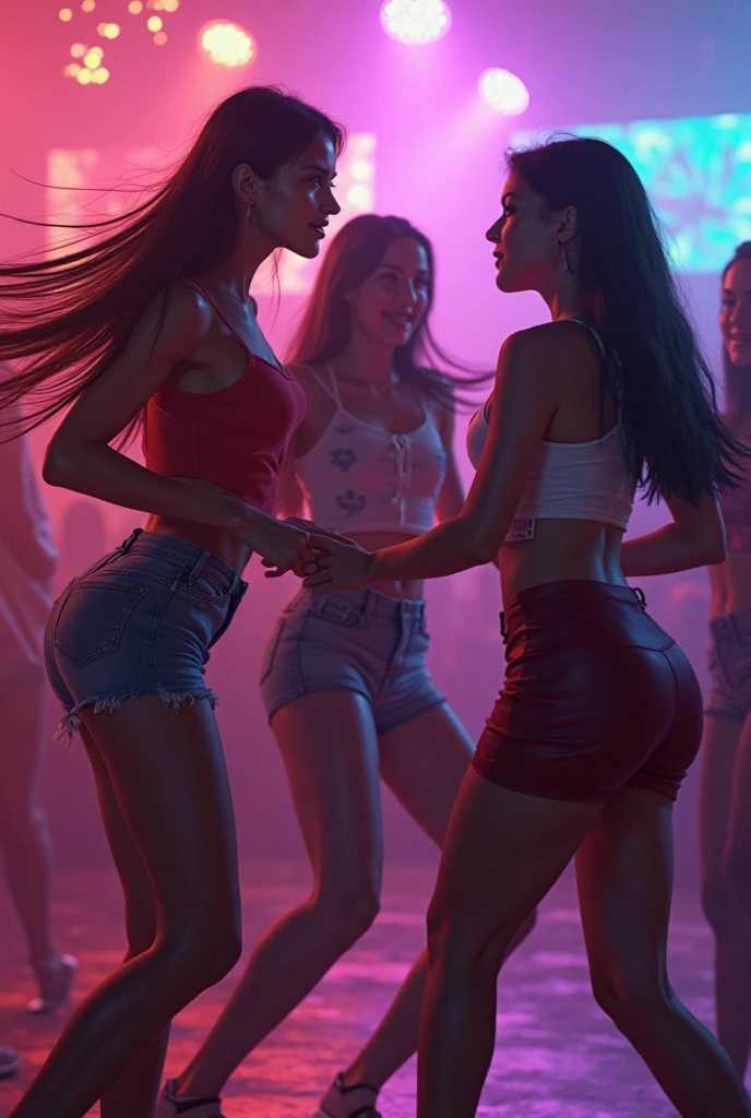 Dance Club, green lights, 3D art, 2 beautiful Girls in front, they stay side by side