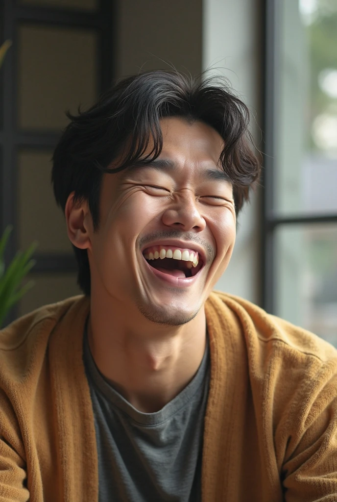 Blind boy in blue sweater wearing glasses stretching his arms up while yawning causing his crotch to be visible