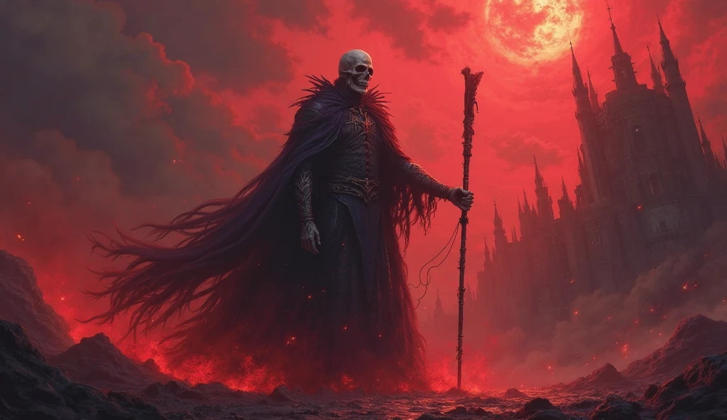 best quality, 4K, high resolution, masterpiece:1.2, Very detailed, actual:1.37, Mood lighting, An undead girl in a long cape, Torso and limb is skeleton bone but head is still beautiful human face, Wearing a ragged gothic skirt, Aloofness emotion, Dangerous sneer, Beautiful but cruel smile, Black Hair, Standing, Facing the camera, Crucified, Pitch black sky, Blood-red moon, strange atmosphere, Gothic style, Unforgettable beauty, Dramatic shadows, Ethereal Light, Mysterious atmosphere.