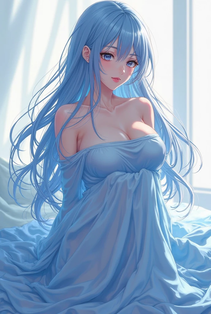 a women, blue hair, blue eyes, white dress