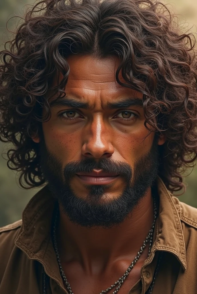 jovem,25 anos,Moreno,medium curly hair,Medium beard well marked ,olhos castanhos claros,alto,porte de atleta,bem definido,with axe in hand ,Looking at the camera,serious look,Nice,rosto definido,estilo viking,with war scenario,sombrio,Apocalyptic,standing holding Machado,Scenery of a destroyed ancient city, (((dark-skinned)))