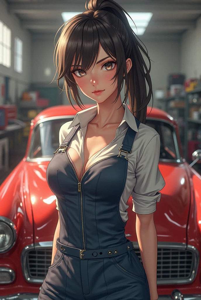 beautiful woman, ((caucasian skin)), red hair, short hair, ((garage)), fixing car, red lipstick, black bra, green eyes, summer style jeans shorts, slender body, sexy look, busty, smiling