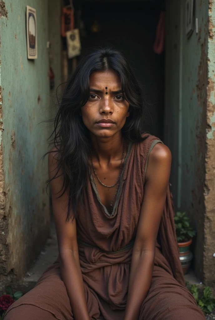 Woman sitting on a shabby and very dirty sofa, The subject must be frontal and centered and his gaze must stare at the viewer, The mood The image must be dark and disturbing, the decor must rot and mold, the subject's face must be illuminated