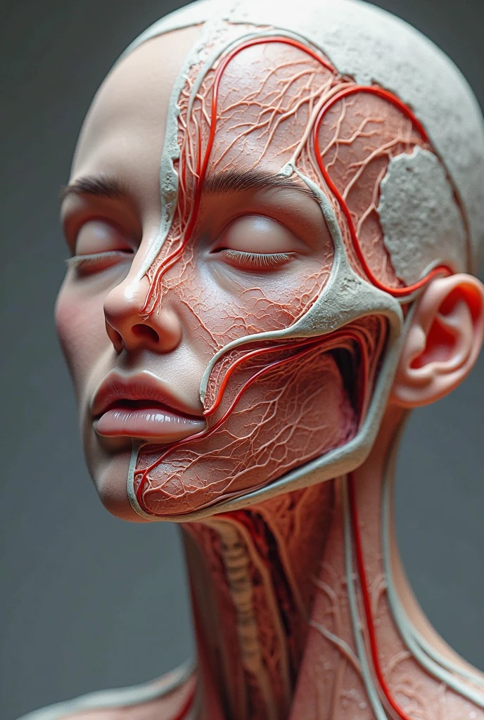 macro photography by Aleksi Briclot and Ruan Jia and Filip Hodas and Android Jones, skinned female anatomy, natural flesh and guts, medical anatomy study of the head, extreme details, beautiful skin flesh and muscle delicate texture