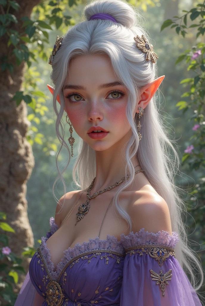 Raw photo of an female elf, enchanted, long hair, flowery crown, by ManuManu