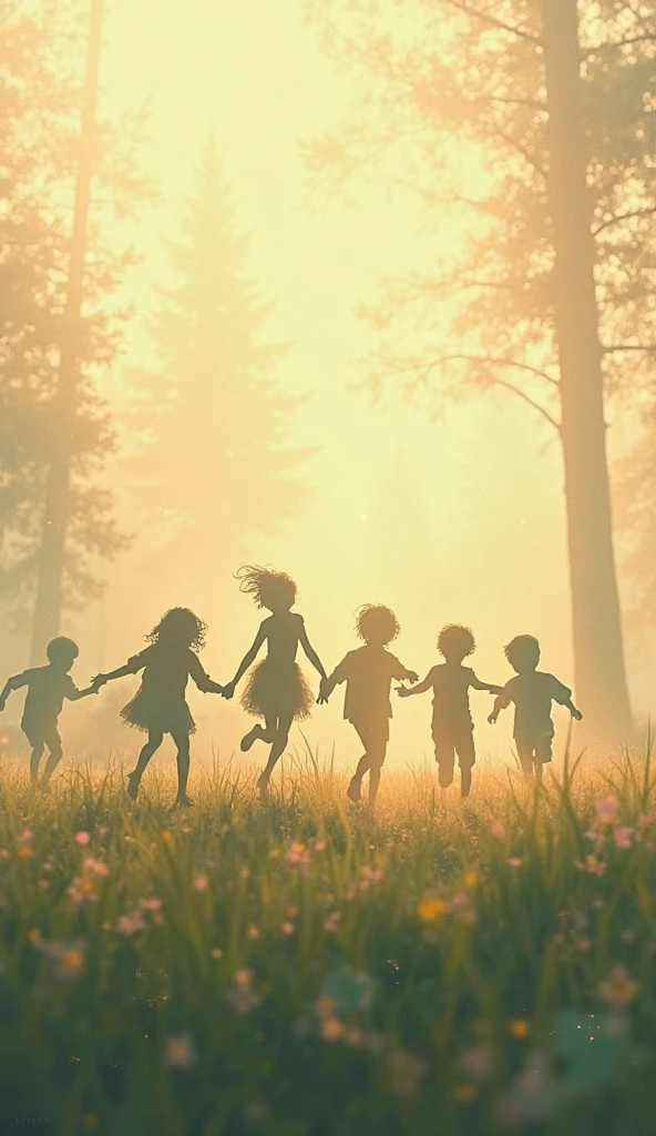 ( photorealism 1.2) photo realistic high detailed Malay kids smile at bush playing around cinematic view cinematography view morning mode smoke effect silhouette