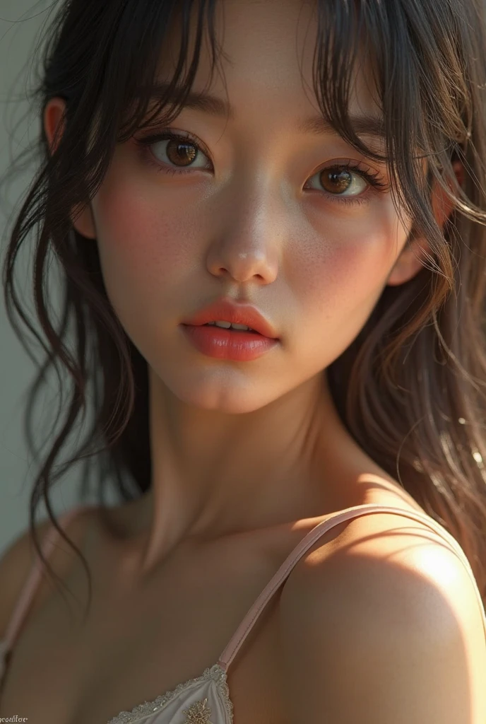 qincai, 1girl, (masterpiece),((ultra-detailed)), (highly detailed CG illustration),(expressionless), (best quality:1.2),realistic8K UHD,High definition,(1girl:1.2),High quality texture,intricate details,detailed texture,finely detailed,high detail,extremely detailed cg,High quality shadow,a realistic representation of the face,Detailed beautiful delicate face,Detailed beautiful delicate eyes, brown eye pupil, a face of perfect proportion,Depth of field,Cinematic Light,Lens Flare,Ray tracing,perspective,20s, Prominent Nose,slender face,tall girl, (big eyes:1.2),blush,glossy lips,perfect body,lean body,Particles of Light,(narrow waist:1.3),large breast, distinct_image, high_resolution, (lustrous skin), solo focus, (brown hair), (finely detailed beautiful eyes and detailed face),(detailed face), (hair streaked hair), light source contrast, short hair, ((smile)), (pureerosface_v1:0.5) , (ulzzang-6500-v1.1:0.5),