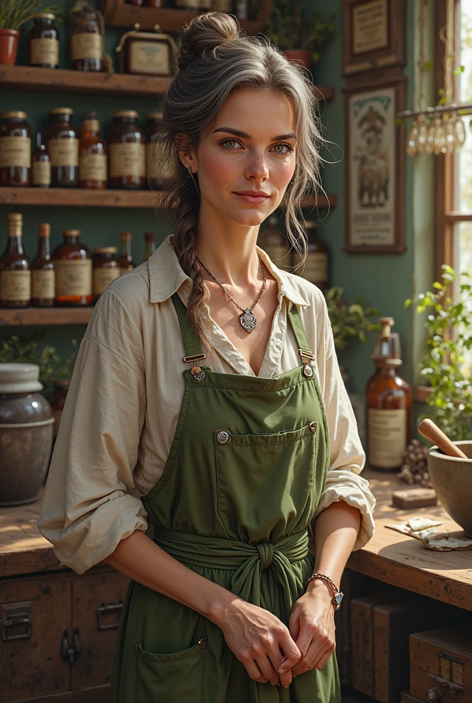 8k uhd, (best quality:1.2), (masterpiece:1.2), very detailed, intricate details, hyper detailed, <lora:realistic:0.3>, <lora:sharpen-soften:-0.25>,
1 girl, adult (elven:0.7) woman, hazel eyes, light brown straight hair,
looking down, solo, half shot, detailed background, detailed face, (<lora:ToxicPunkAI:0.6>, ToxicPunkAI theme:1.1), grin, shop owner, (yellow:0.8) rich merchant clothes, apron, busy (medieval market stall:1.1), (sacks:0.8), (crates:0.8), (storage baskets:0.8), (shelves:0.8), selling wide variety of colorful spices, herbs, salt, pepper, paprika, dried herbs, seeds, almonds, nuts, walnuts, cashew,,