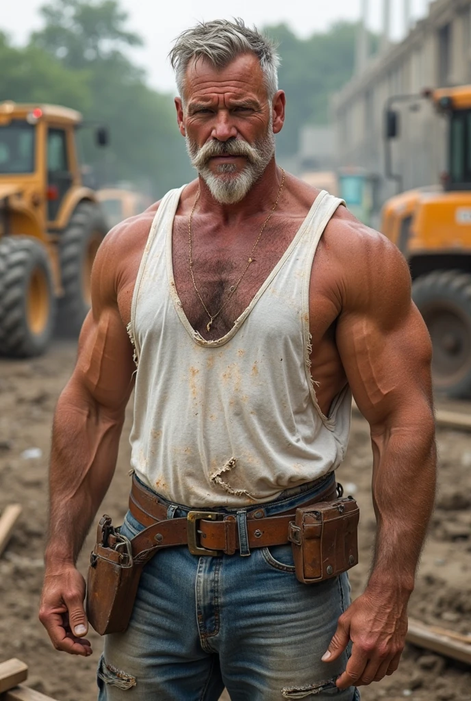 white man with red hair and beard, he is naked, he is dirty with grease, he is in a mechanic shop with old cars in the background
